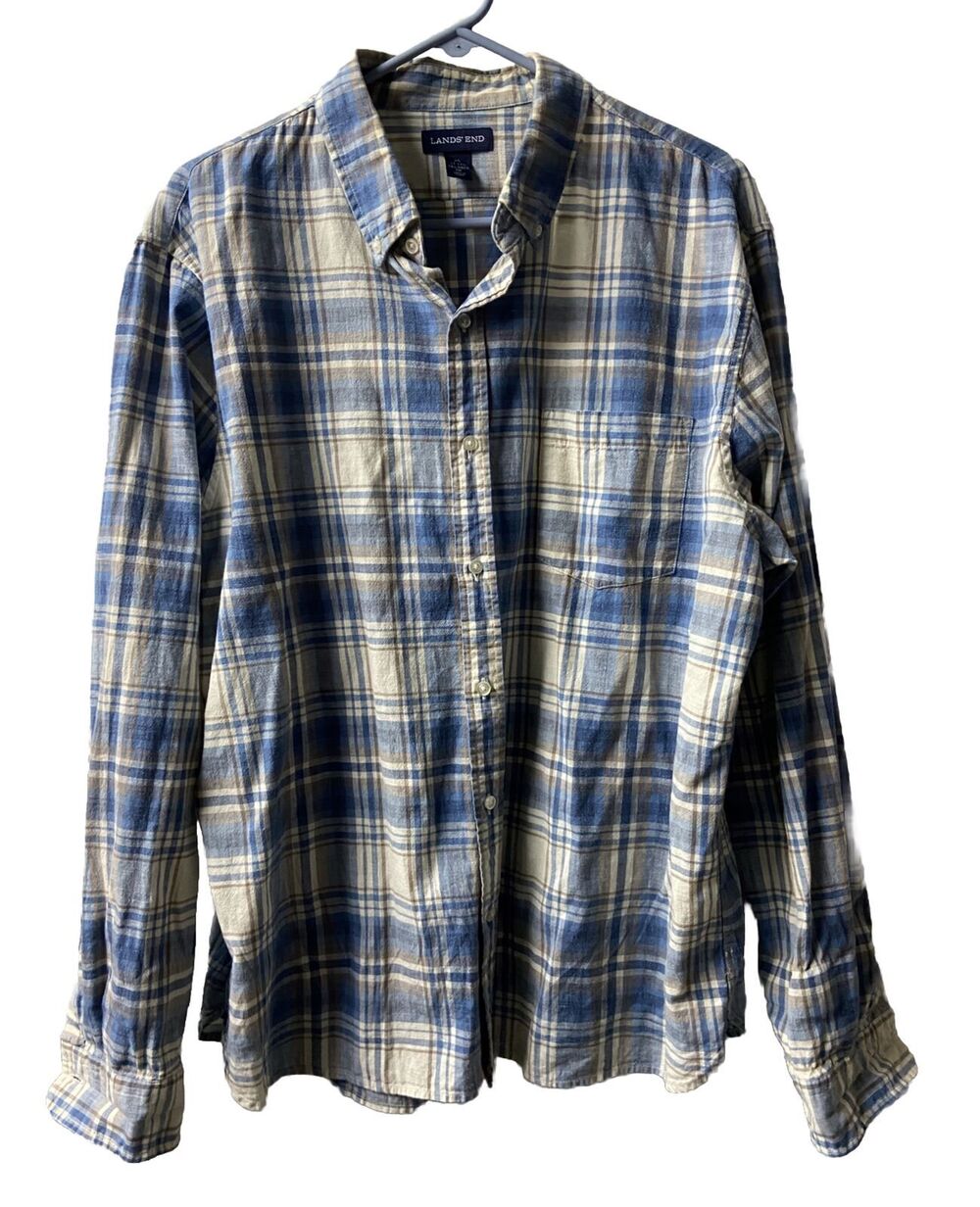 Lands End Mens XLG Blue Plaid Baumwoole Cotton Button Down Shirt Soft Outdoors